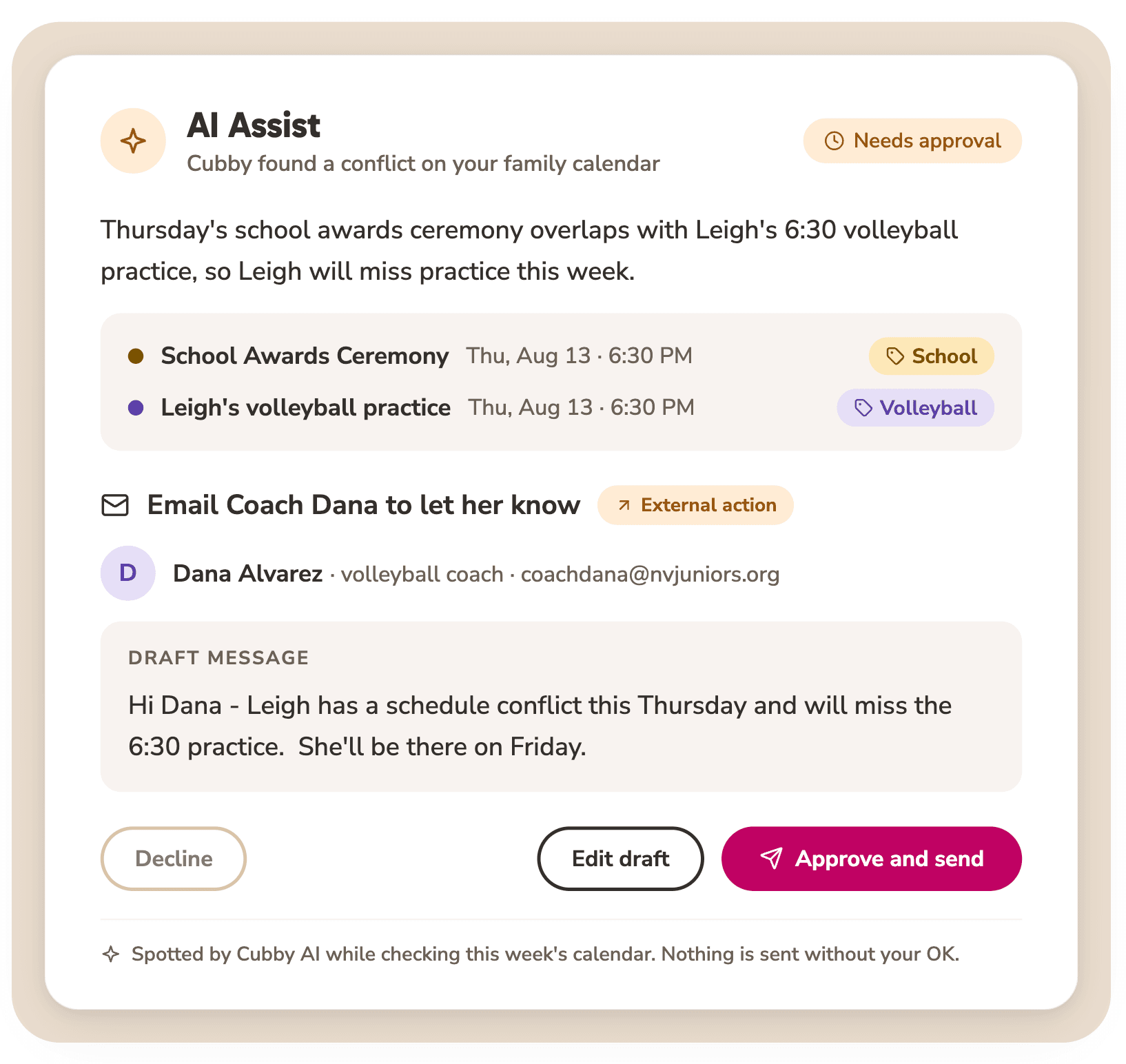 Cubby AI Assist — a calendar conflict spotted, with a draft email to the coach waiting for approval