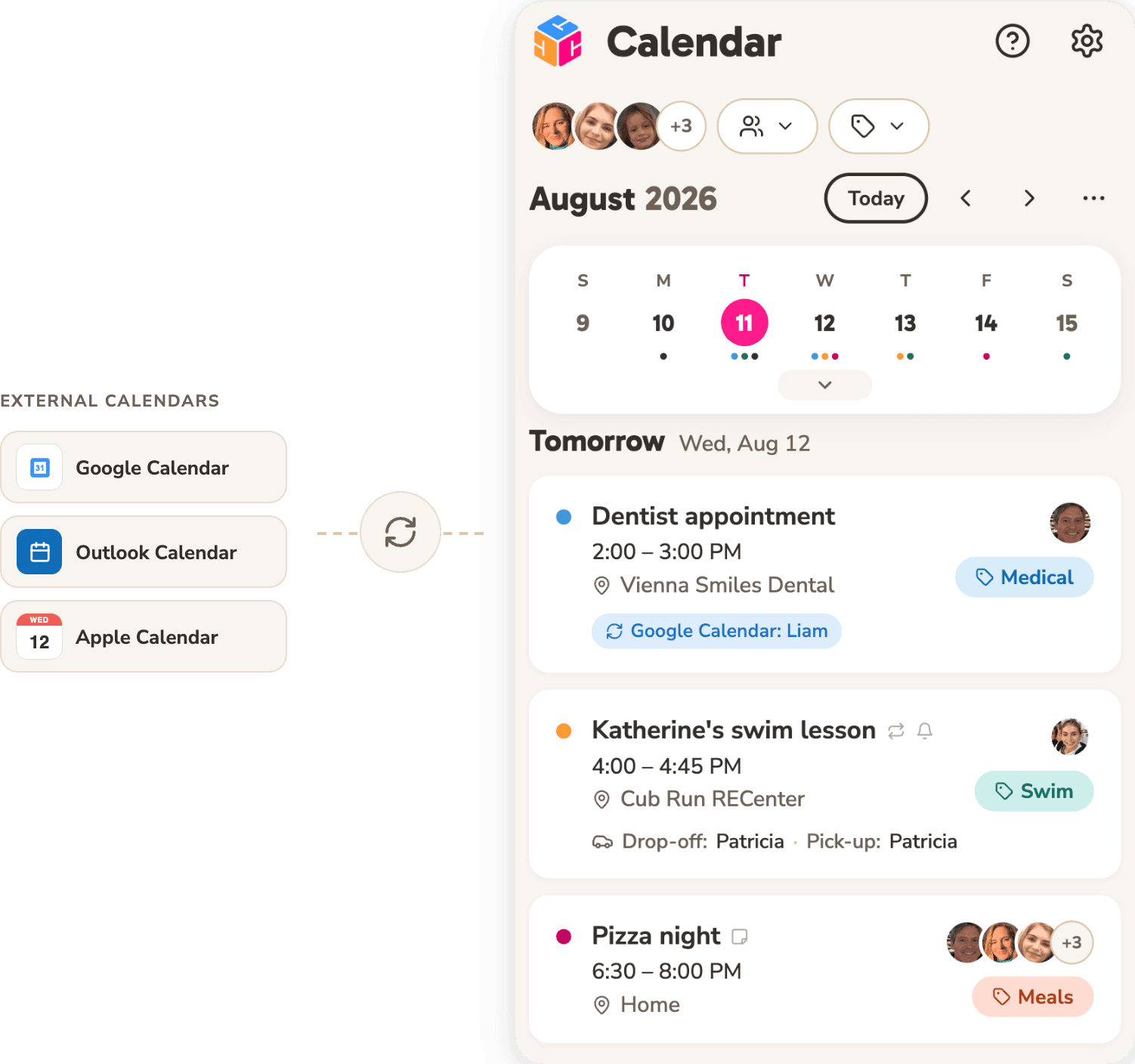 Cubby's shared family calendar syncing with Google, Outlook, and Apple calendars