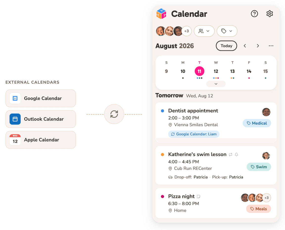 Cubby's shared family calendar syncing with Google, Outlook, and Apple calendars