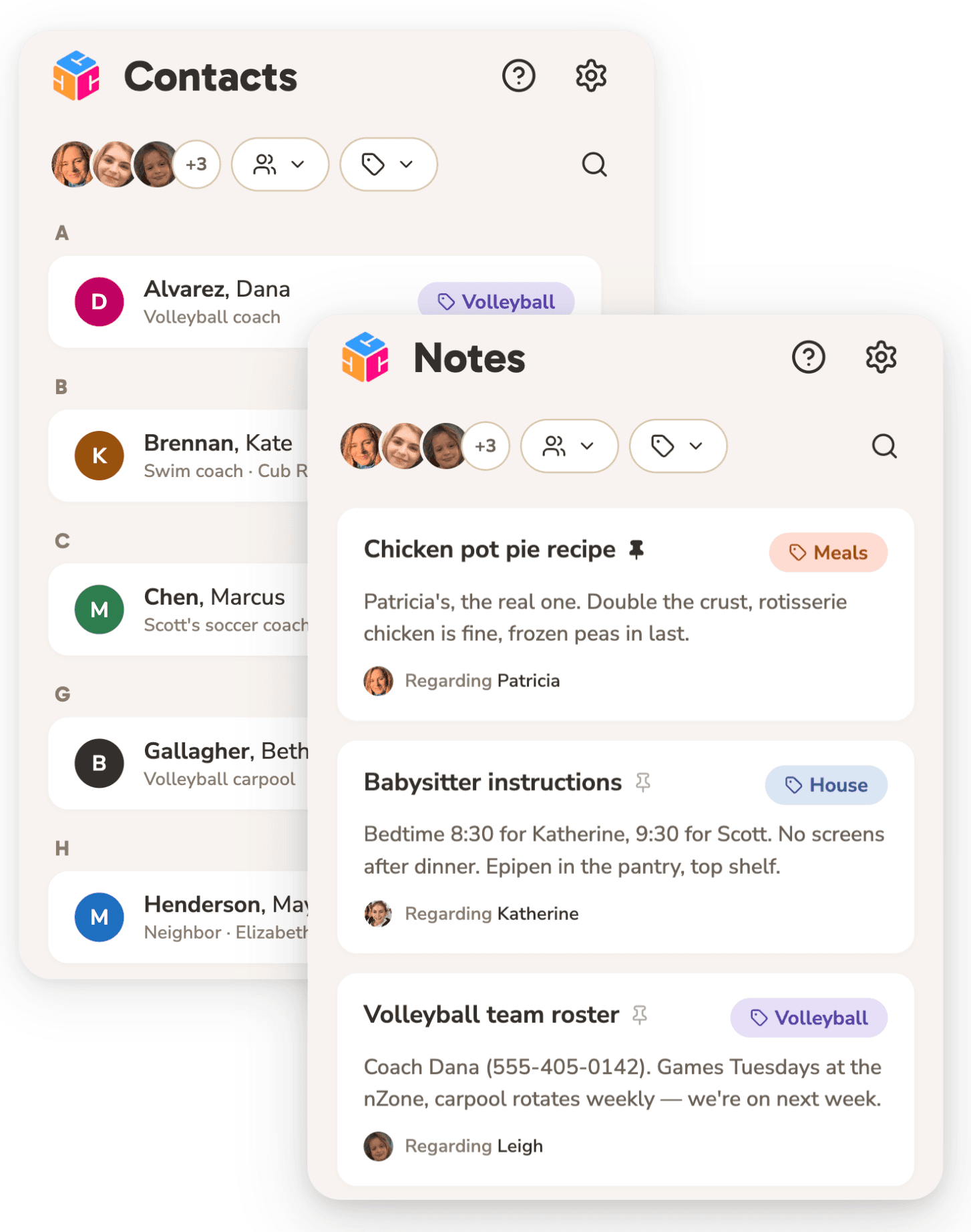 Cubby notes and contacts — organized by channel and family member