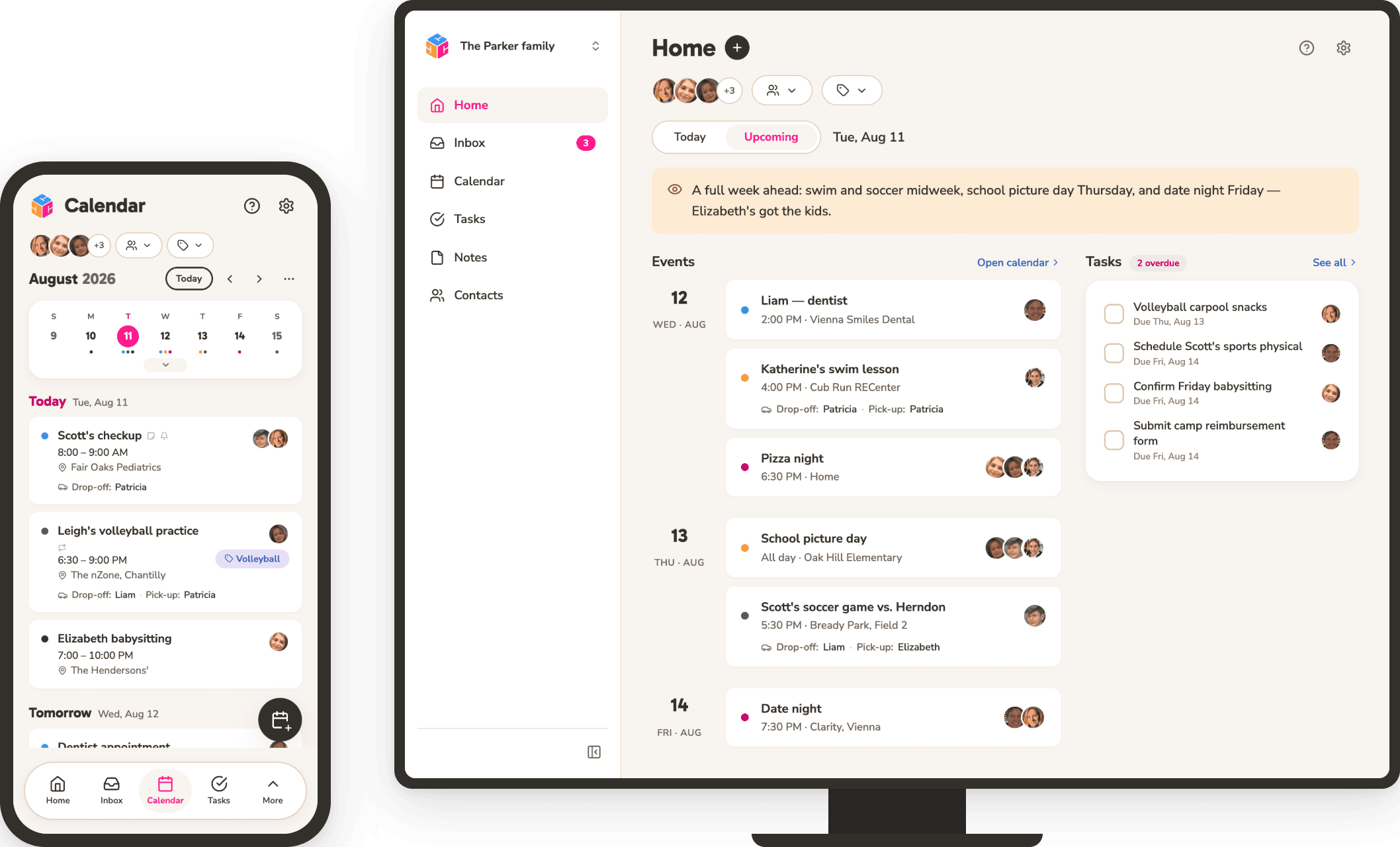 Cubby on phone and desktop — family calendar, events, and tasks