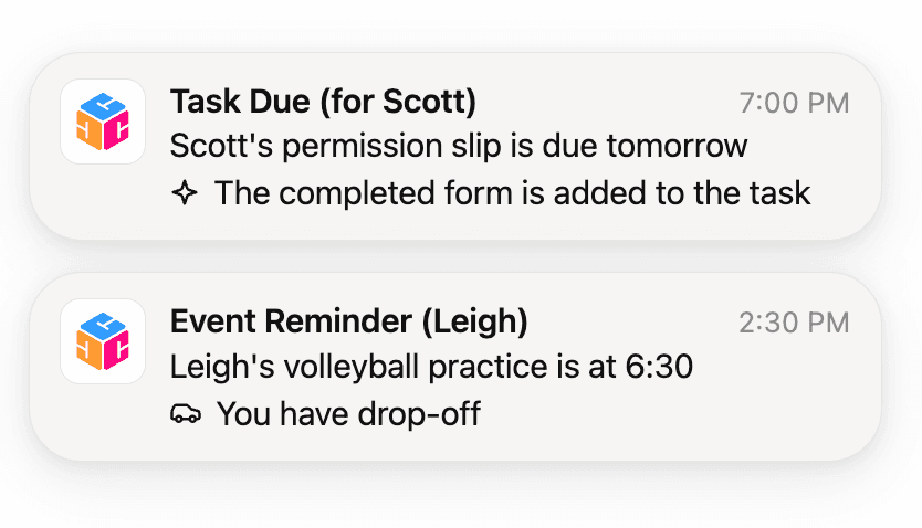 Cubby push notifications — task due and event reminder