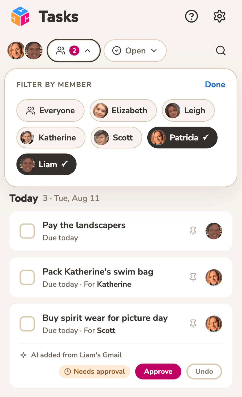 Cubby tasks — filter by family member, with an AI-added task waiting for approval