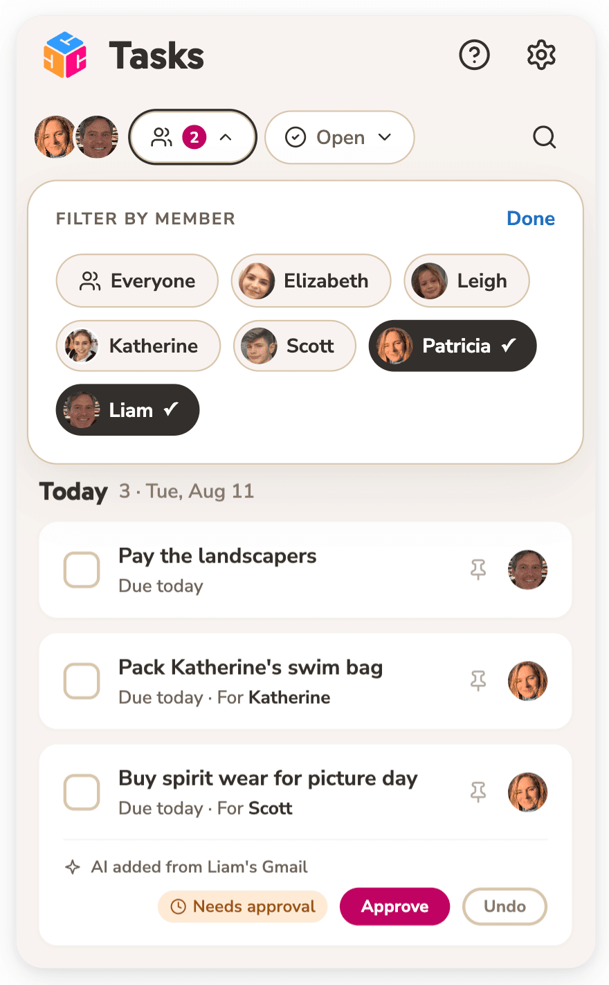 Cubby tasks — filter by family member, with an AI-added task waiting for approval